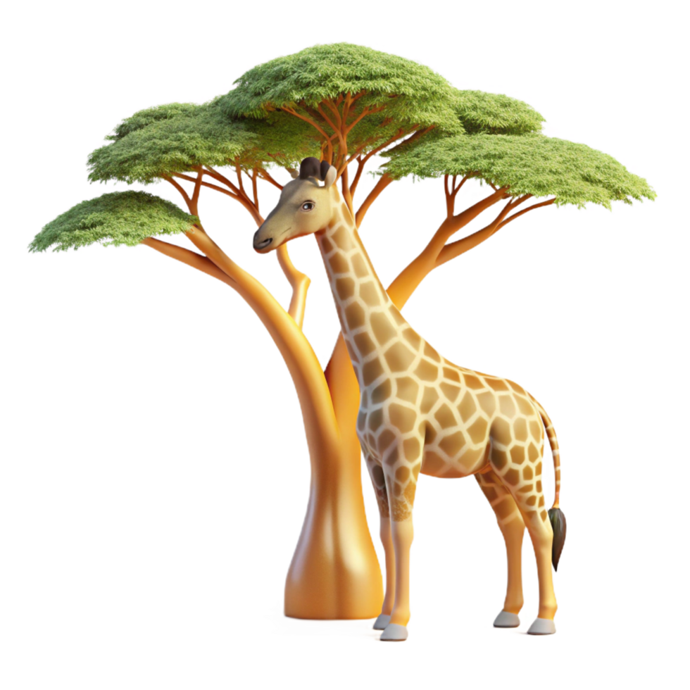 magnificent traditional A graceful giraffe reaching for the leaves of a tall acacia tree, illuminated by the warm African sun, in a naturalistic, illustrative style genuine png