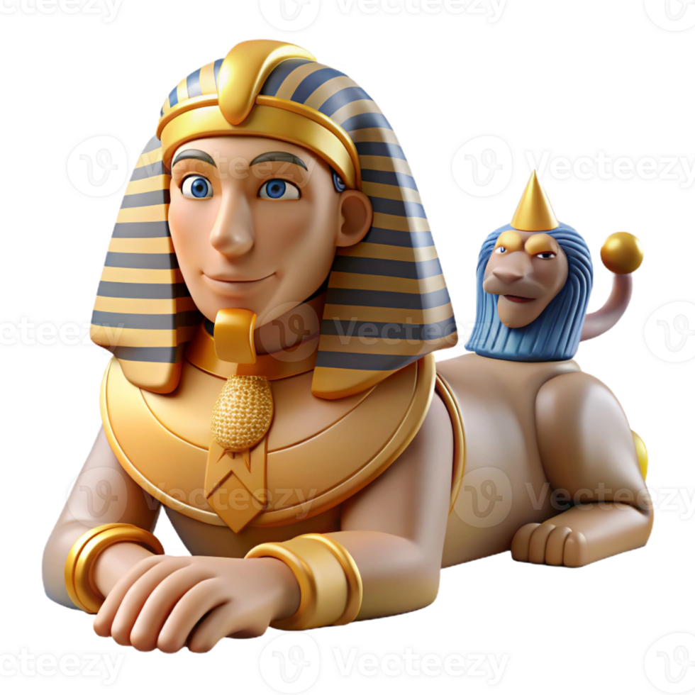extraordinary creative A wise sphinx with the body of a lion and the head of a human, posing a riddle in a desert landscape, illuminated by harsh sunlight in an ancient Egyptian art style high quality png