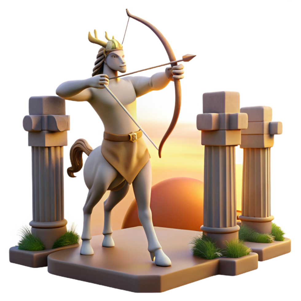 magnificent abstract A wise centaur, aiming a bow and arrow, surrounded by ancient ruins, lit by the setting sun, in a classical style detailed png