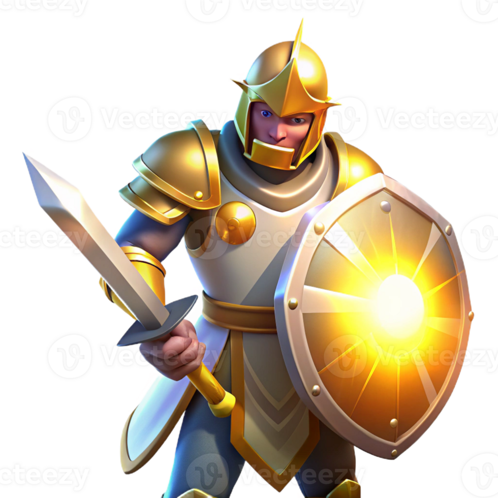 beautiful traditional A stoic knight in shining armor, wielding a sword and shield, illuminated by the bright sunlight of a battlefield. Medieval painting style high quality png