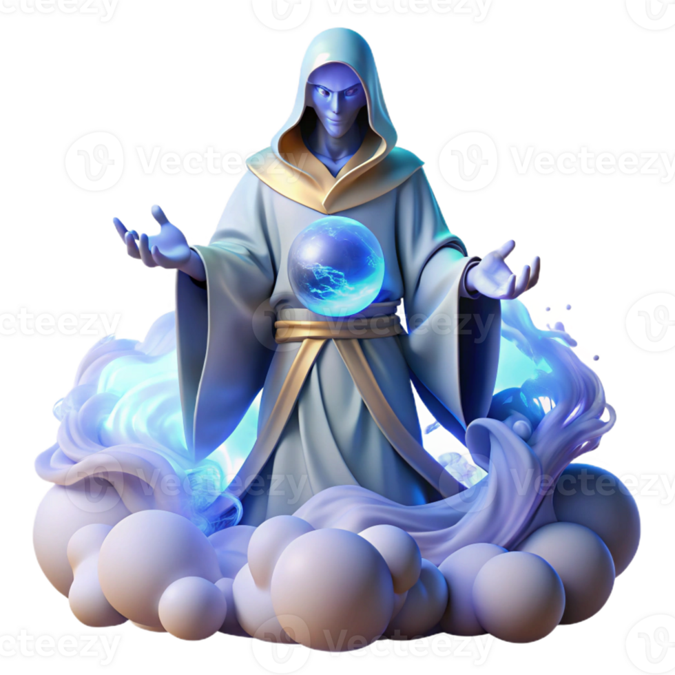 magnificent creative A wise, ancient oracle with flowing white robes and a crystal ball, surrounded by swirling mists, lit by an ethereal blue light. Fantasy style detailed png