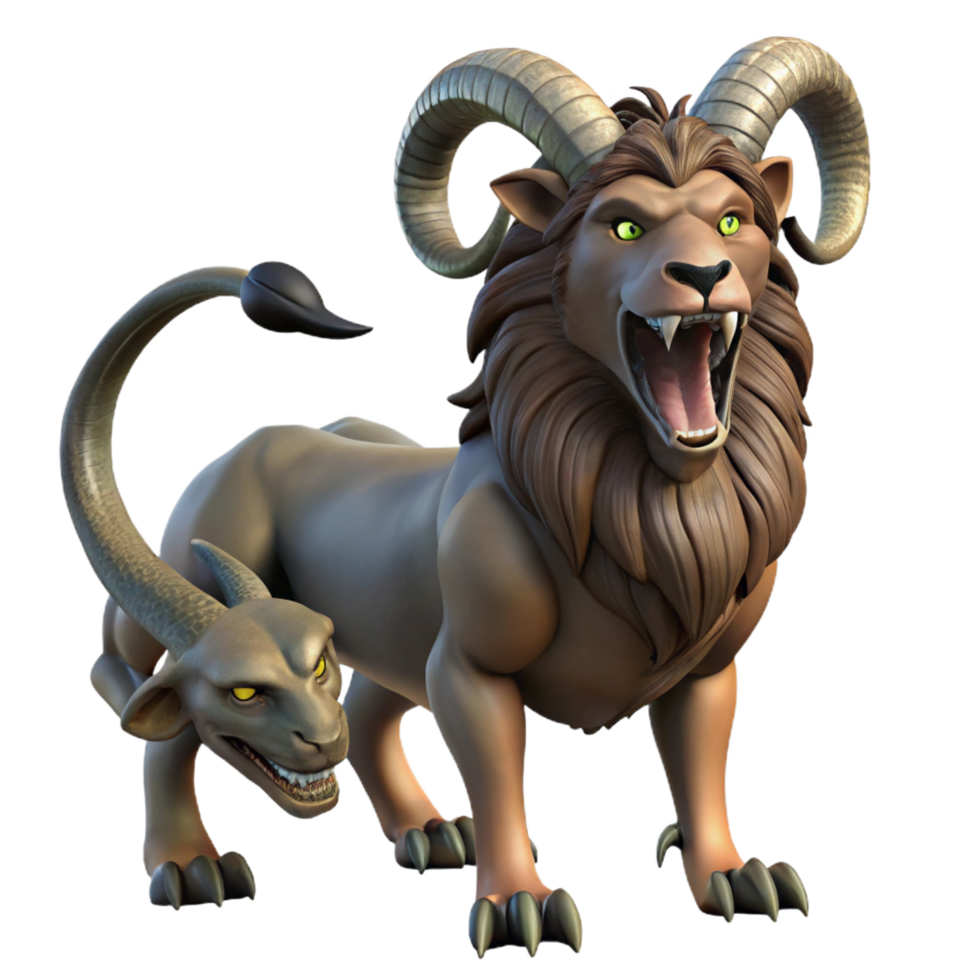 vibrant traditional A menacing chimera with the head of a lion, the body of a goat, and the tail of a serpent, in a dramatic, chiaroscuro lighting style premium png