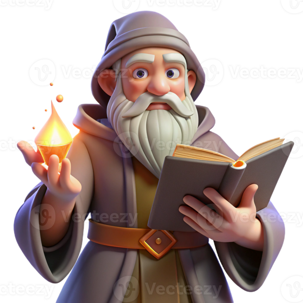serene creative A wise old wizard with a long white beard and twinkling eyes, holding a glowing spellbook, warm firelight, classic fantasy style professional png
