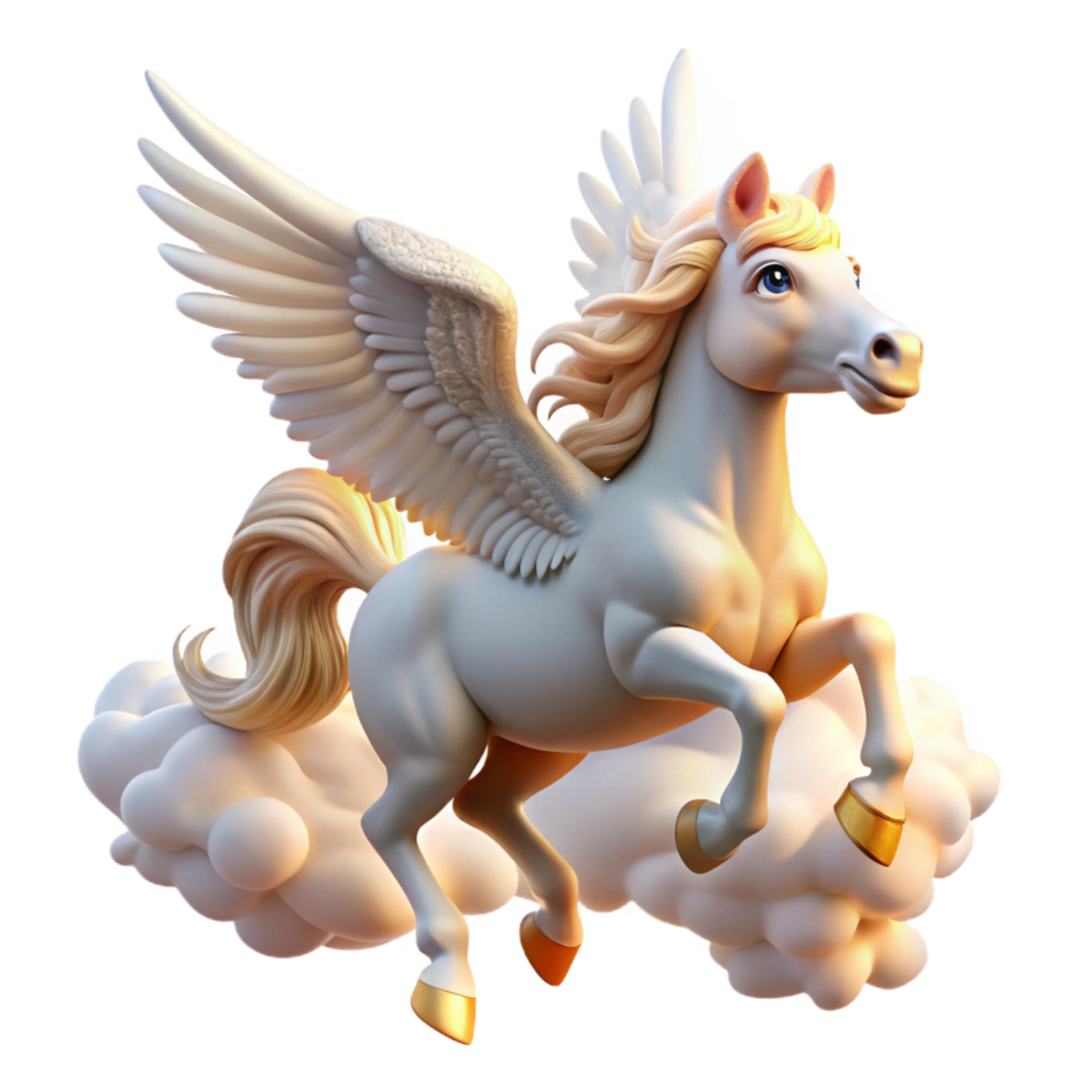 serene modern A graceful pegasus with feathered wings and flowing white mane, soaring through the clouds, illuminated by the warm sunlight. Classical mythology style authentic png