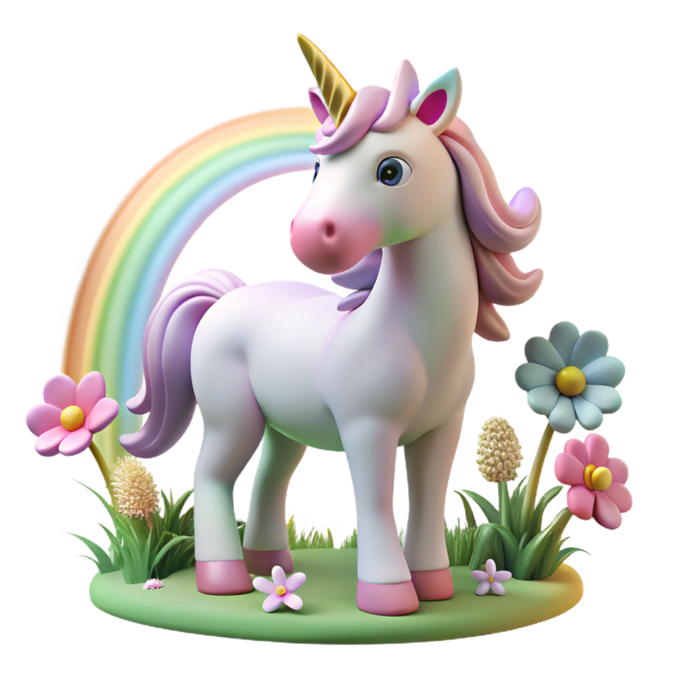 extraordinary rustic A serene unicorn with a pearlescent horn, grazing in a field of wildflowers, under a rainbow. Pastel art style premium png