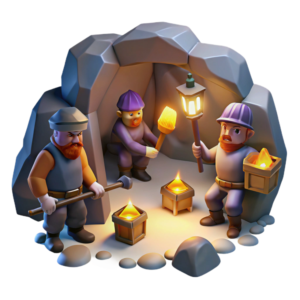 elegant traditional A group of dwarves mining for gems in a dimly lit cavern, illuminated by the glow of their lanterns. Realistic style 4K png