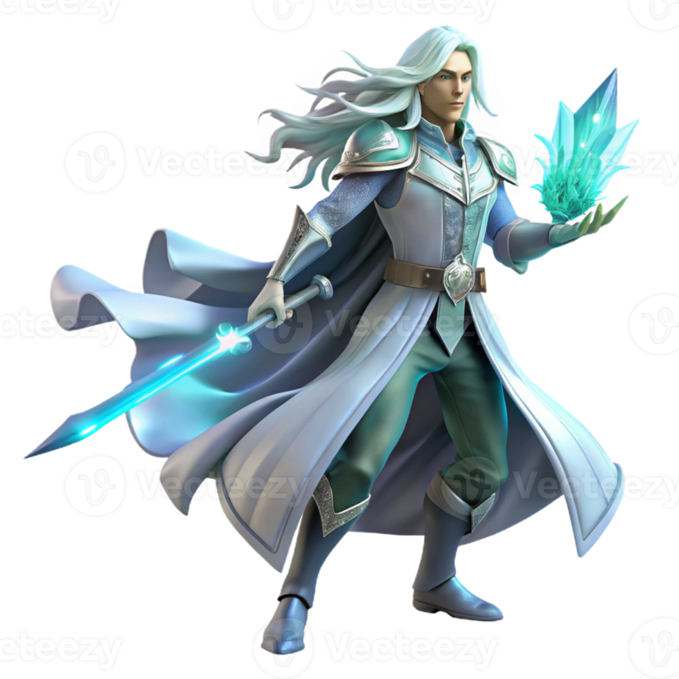 elegant artistic A lone, ethereal warrior with flowing silver hair, wielding a crystal sword, bathed in soft bioluminescent light. Hyperrealistic style detailed png