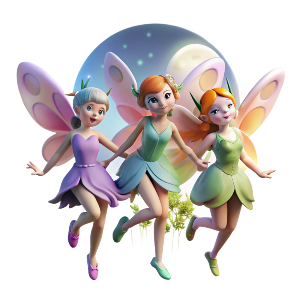 stunning minimalist A group of playful fairies with butterfly wings and flower crowns, dancing in a moonlit meadow, illuminated by the soft glow of the moon. Impressionist style authentic png