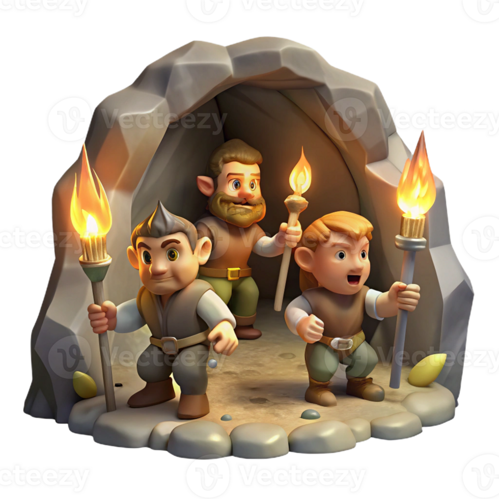 serene minimalist A group of adventurous halflings exploring a hidden underground cavern, their faces illuminated by flickering torches. Classic fantasy, painterly style high resolution png