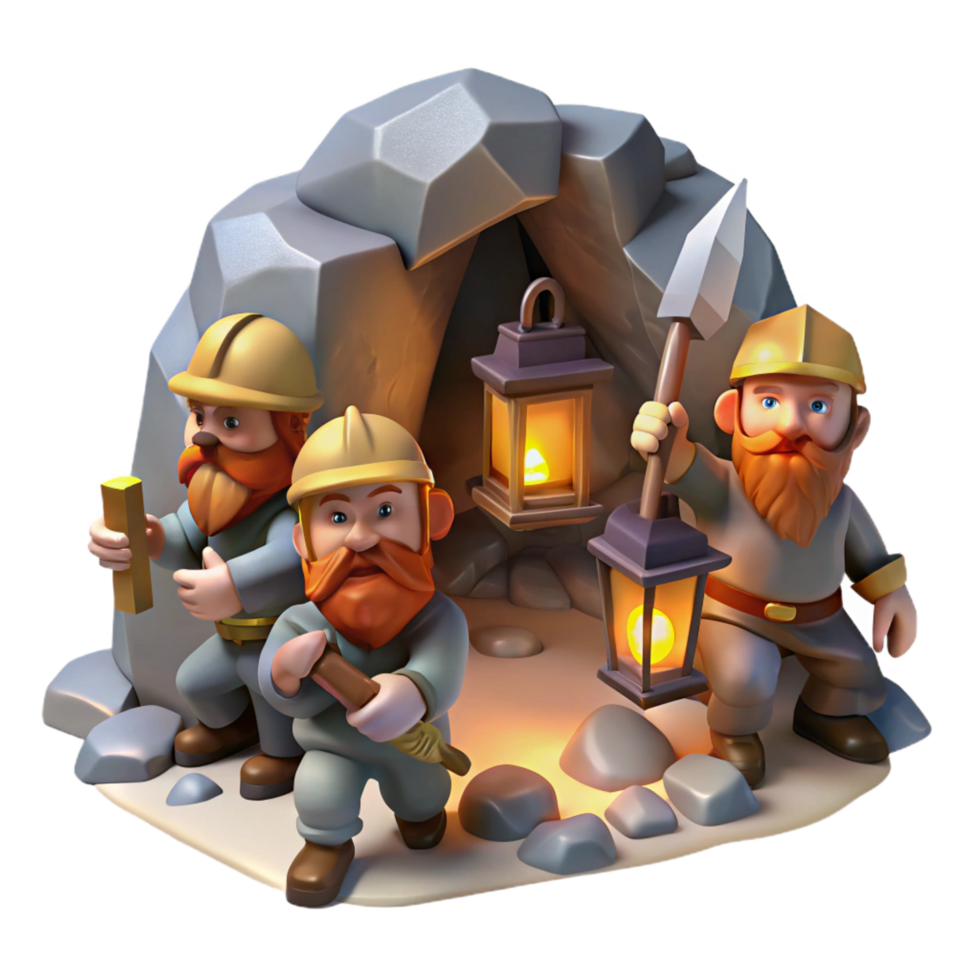 serene rustic A group of dwarves mining for gems in a dimly lit cavern, their lanterns casting flickering shadows, in a realistic, gritty style high resolution png