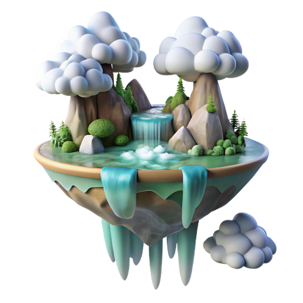 wonderful classic A floating island with waterfalls cascading down its sides, surrounded by clouds, ethereal lighting, fantasy landscape style genuine png