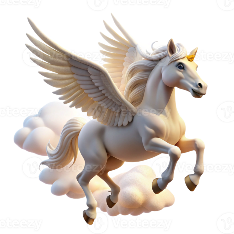 serene abstract A graceful pegasus with feathered wings and flowing white mane, soaring through the clouds, illuminated by the warm sunlight. Classical mythology style high resolution png