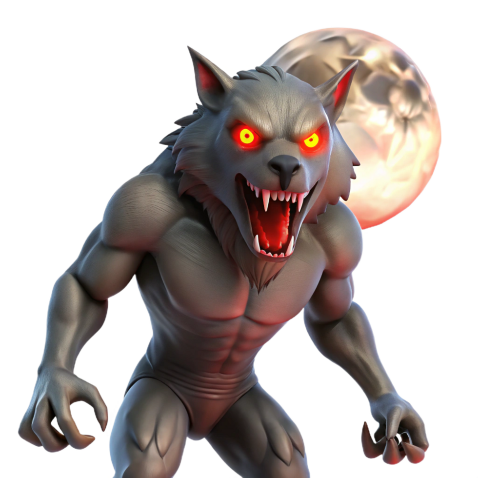 extraordinary vintage A fierce werewolf with glowing red eyes and sharp claws, transforms under the light of the full moon. Dramatic, moonlight lighting. Horror fantasy art style genuine png