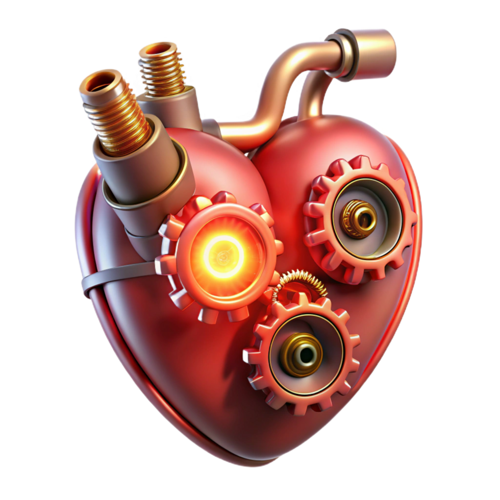 impressive abstract A steampunk heart with gears, pipes, and glowing vacuum tubes, lit by a pulsating red light, in a biomechanical style authentic png
