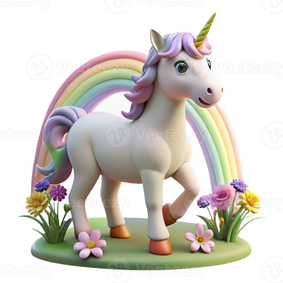 elegant artistic A benevolent unicorn grazing in a field of wildflowers, bathed in the soft glow of a rainbow, in a whimsical, storybook style original png