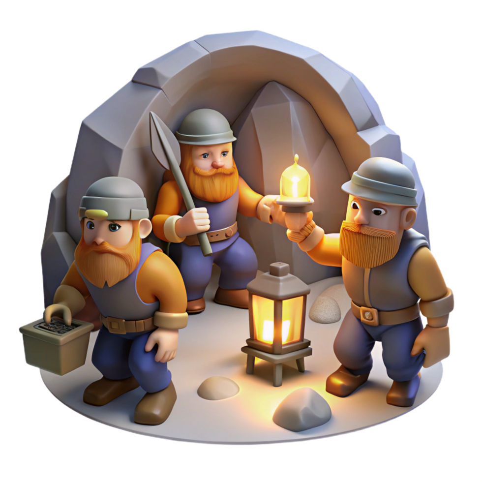 stunning traditional A group of dwarves mining for gems in a dimly lit cavern, illuminated by the glow of their lanterns. Realistic style detailed png