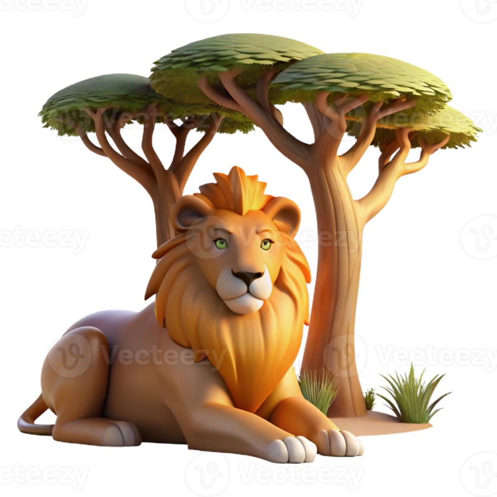 stunning contemporary A majestic lion resting in the shade of a baobab tree, the golden light of late afternoon illuminating its mane, rendered in a realistic, National Geographic style premium png