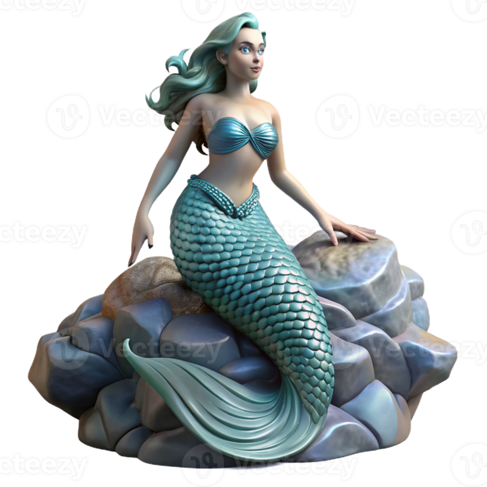 serene creative A beautiful siren, with scales shimmering in the moonlight, perched on a jagged rock overlooking a turbulent sea, in a pre-Raphaelite style 4K png