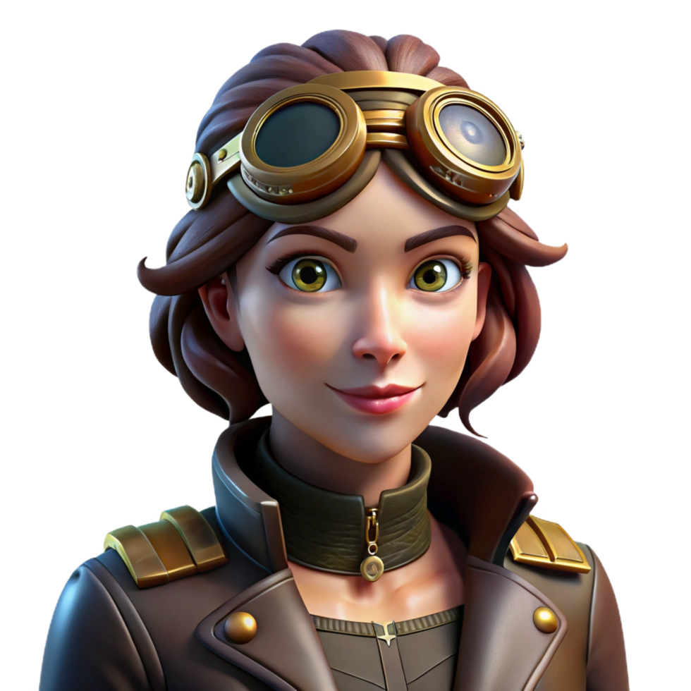 magnificent traditional A portrait of a steampunk woman airship pilot with intricate goggles, brass gears adorning her leather jacket, lit by flickering gaslight, in a painterly style genuine png