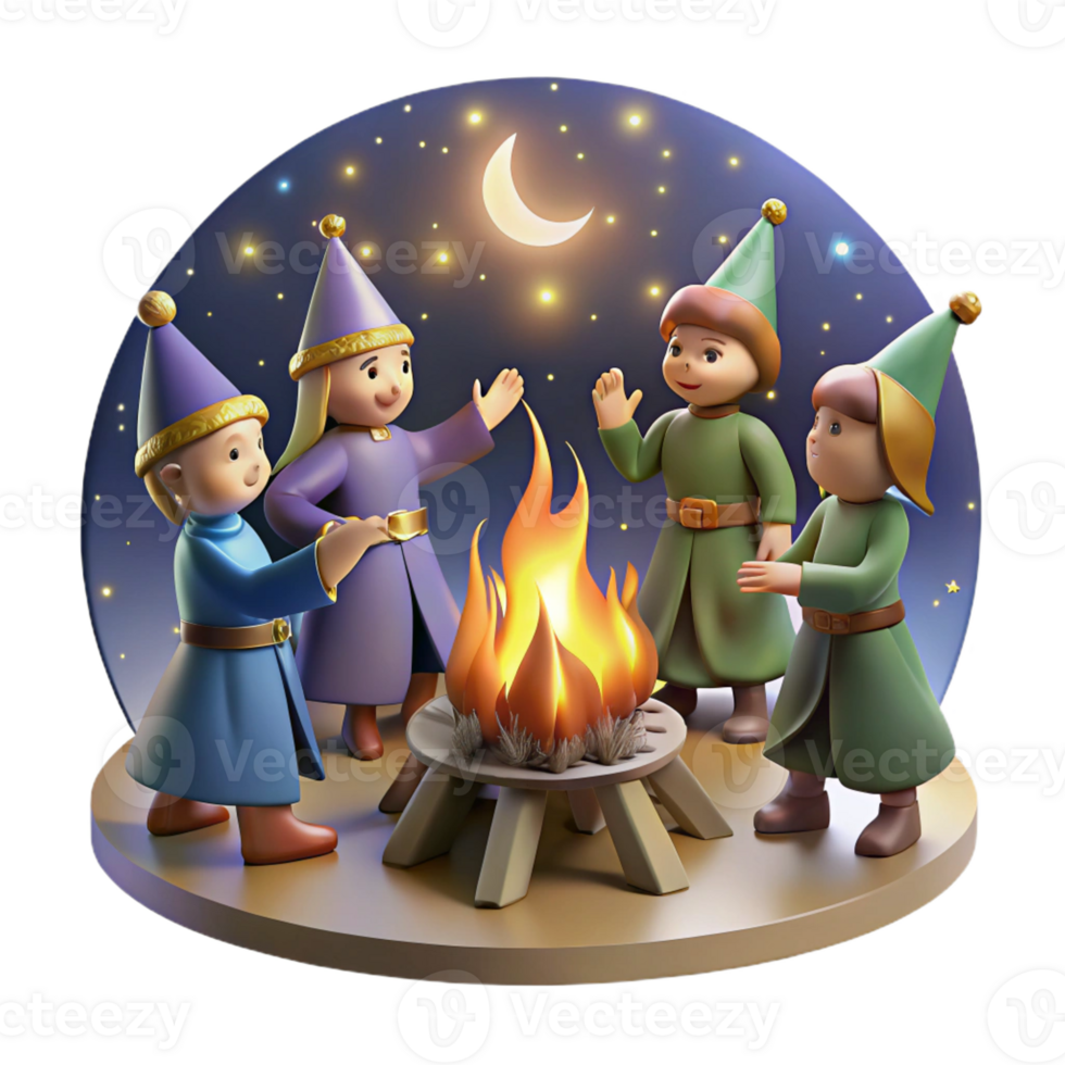 extraordinary rustic A group of elves celebrating a harvest festival around a bonfire, under a starry night sky. Renaissance painting style detailed png
