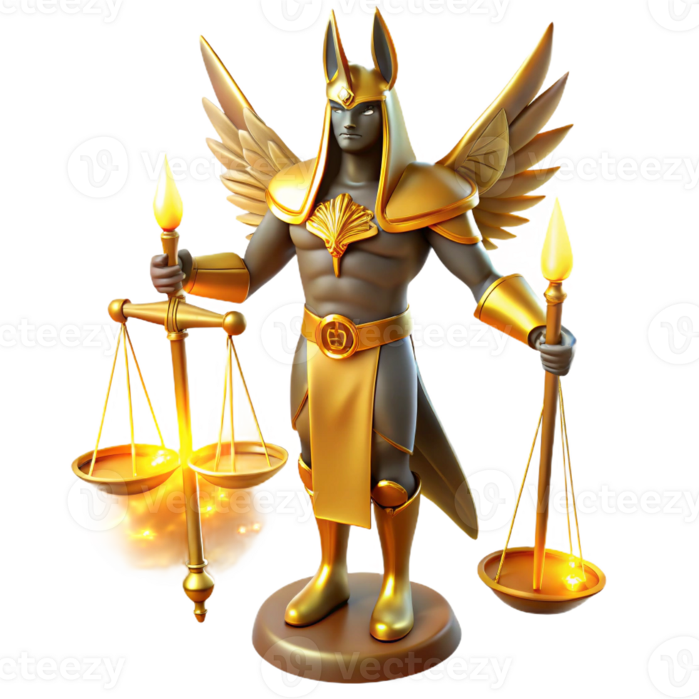 impressive modern A powerful, winged Anubis with the head of a jackal and a regal staff, standing before a set of towering golden scales, lit by an ethereal golden light. Egyptian style original png