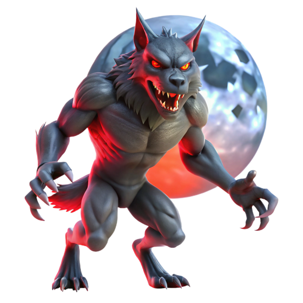 magnificent rustic A fearsome werewolf with sharp claws and glowing red eyes, transforming under a full moon, illuminated by moonlight in a horror art style high resolution png