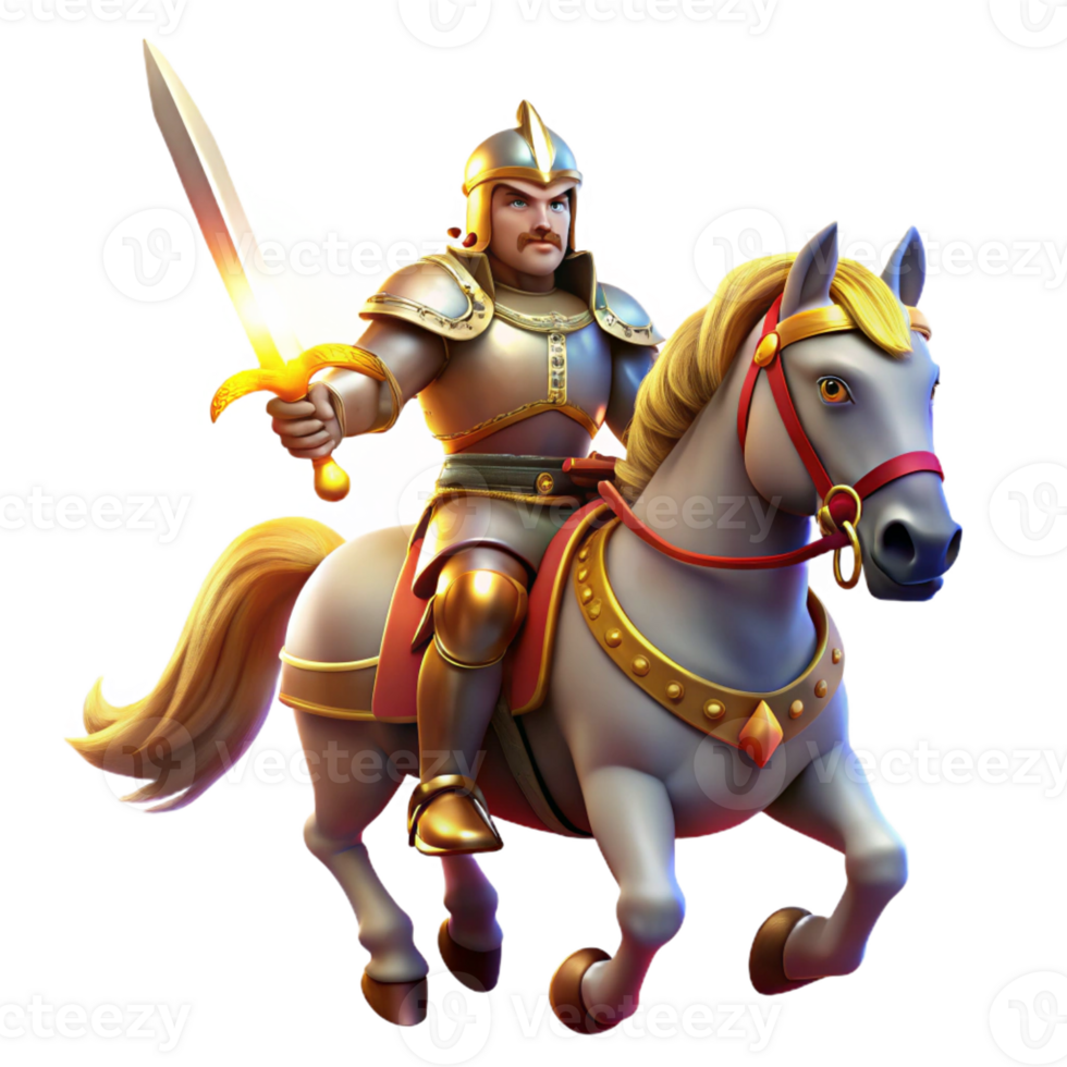 extraordinary artistic A noble knight in shining armor, riding a majestic warhorse, brandishing a gleaming sword, illuminated by the midday sun. Medieval fantasy, heroic pose authentic png
