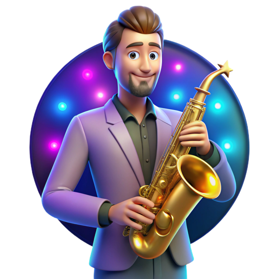 beautiful creative Portrait of a charismatic musician with a saxophone and a soulful expression, lit by the colorful stage lights, in a pop art style premium png