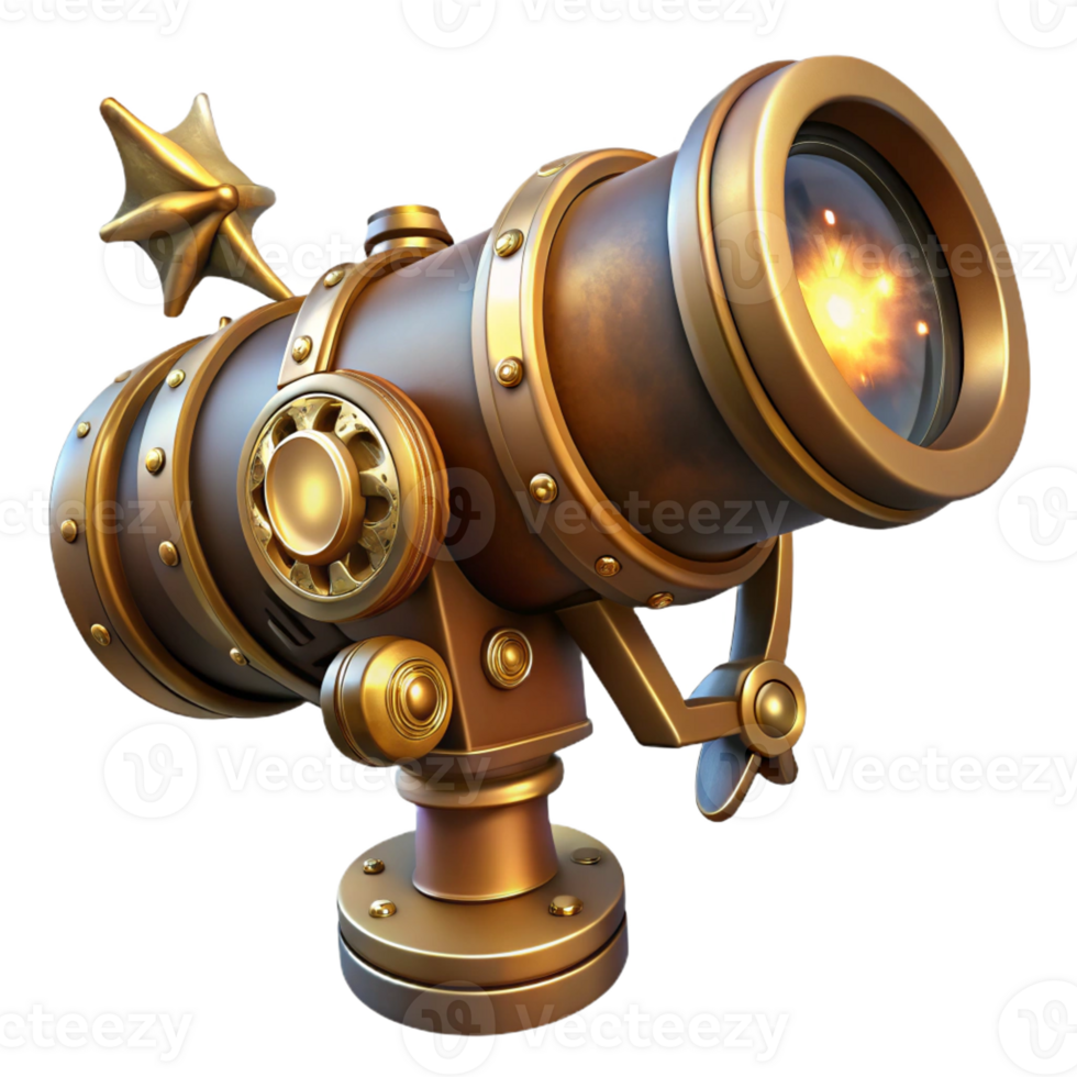 magnificent classic A steampunk telescope with brass lenses and intricate gears, lit by the soft glow of distant stars, in a realistic style premium png