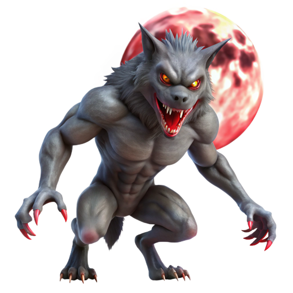 magnificent modern A fearsome werewolf with sharp claws and glowing red eyes, transforming under a full moon, illuminated by moonlight in a horror art style genuine png