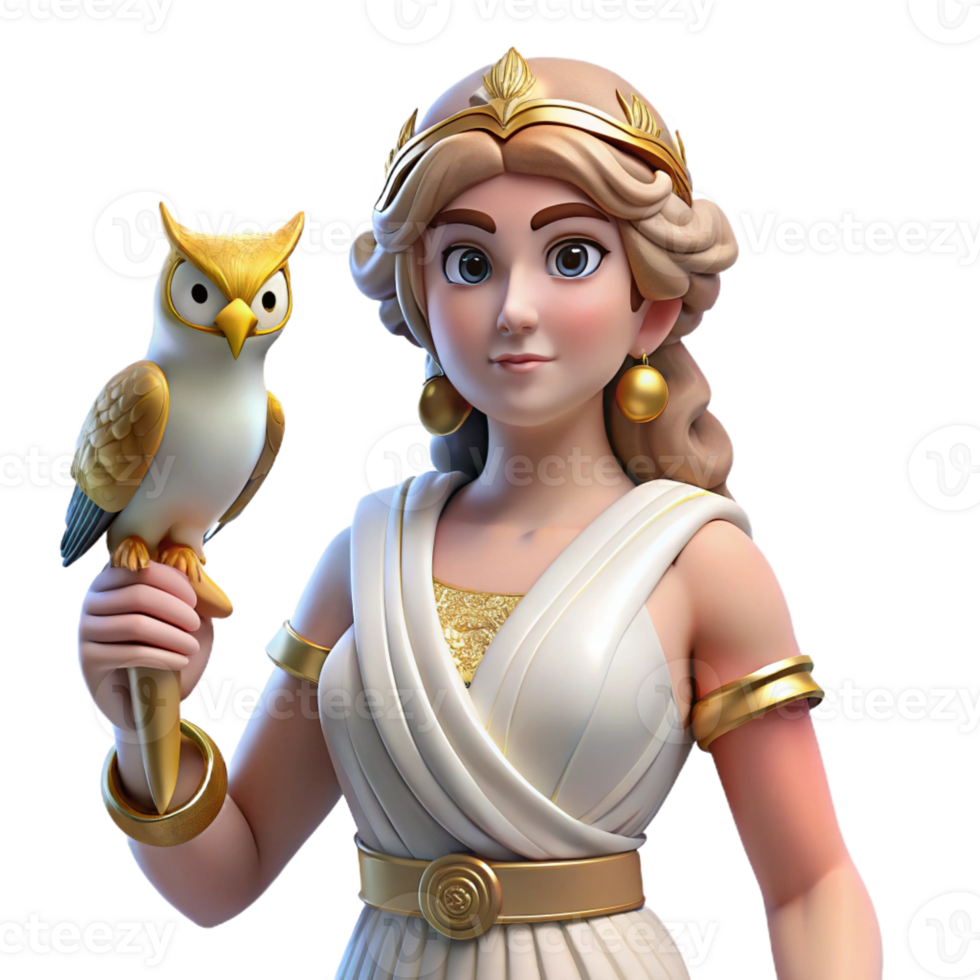 beautiful modern Athena, Goddess of Wisdom, with an owl perched on her shoulder exclusive png