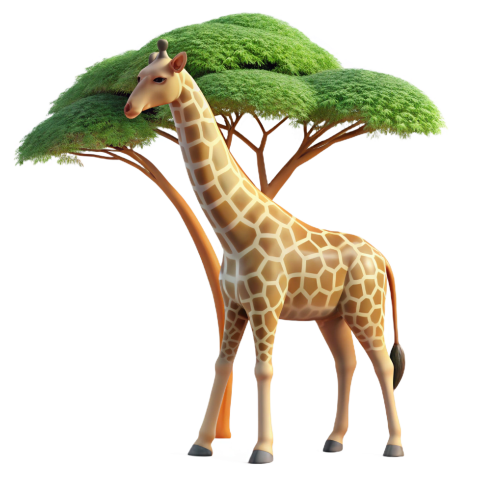 beautiful abstract A graceful giraffe reaching for the leaves of a tall acacia tree, illuminated by the warm African sun, in a naturalistic, illustrative style high quality png