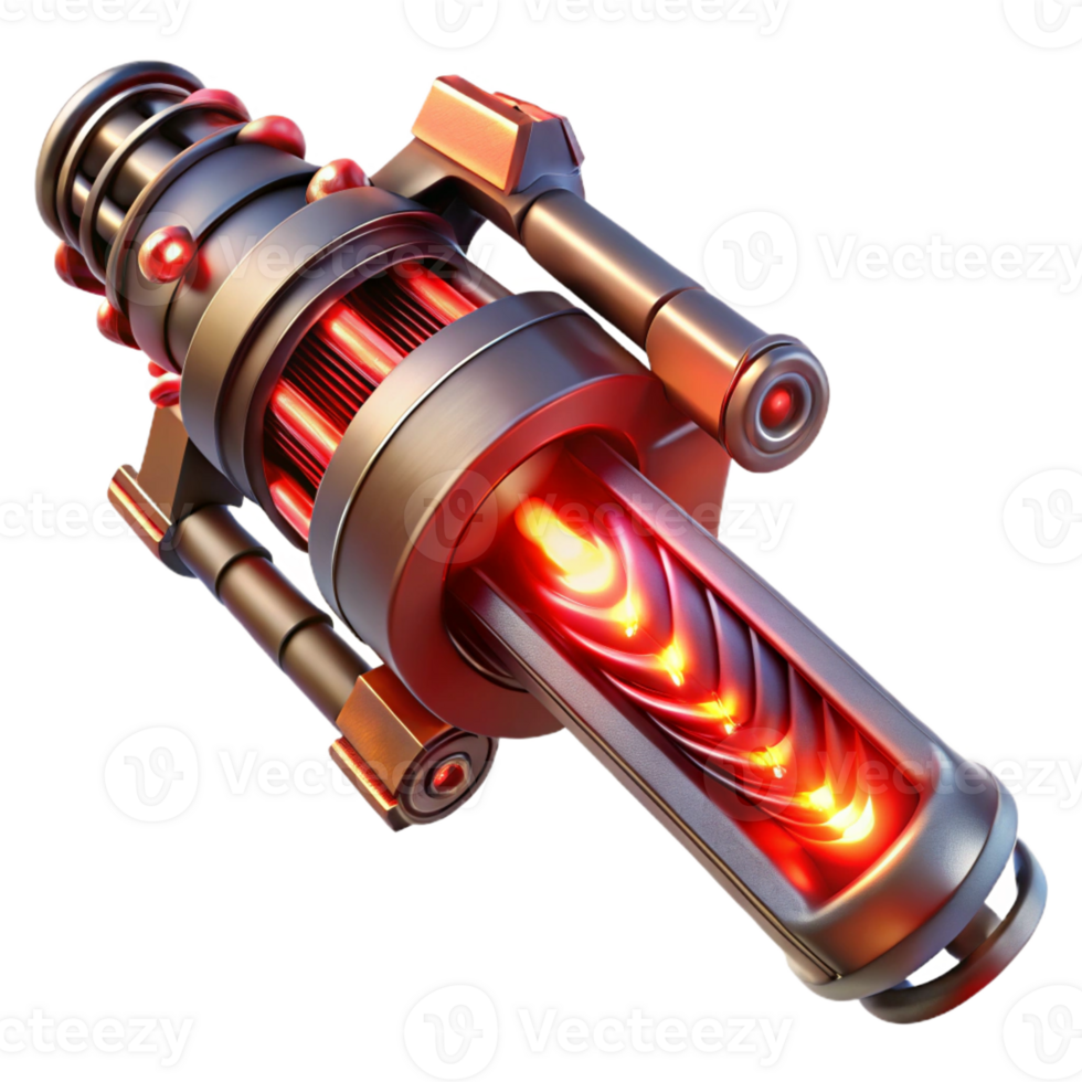 impressive vintage A futuristic weapon with glowing energy coils and intricate details, illuminated by a dramatic, red light, in a fantasy style professional png