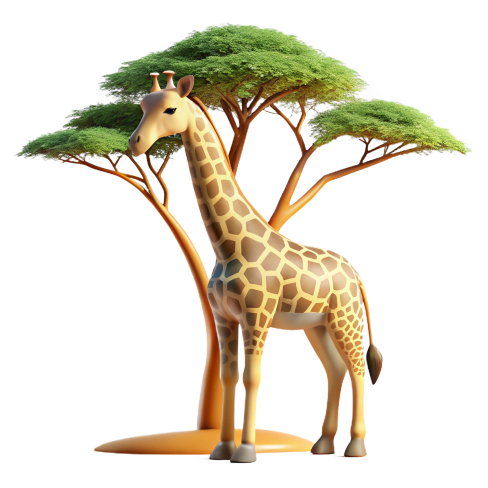 wonderful artistic A graceful giraffe reaching for the leaves of a tall acacia tree, illuminated by the warm African sun, in a naturalistic, illustrative style high quality png