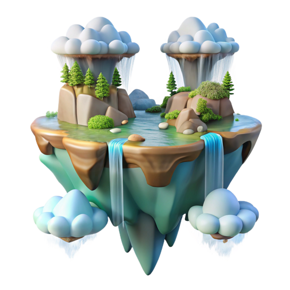 extraordinary abstract A floating island with waterfalls cascading down its sides, surrounded by clouds, ethereal lighting, fantasy landscape style high resolution png
