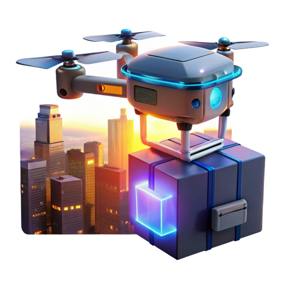 impressive artistic A drone delivering a package with a glowing holographic label, urban setting, dusk lighting exclusive png