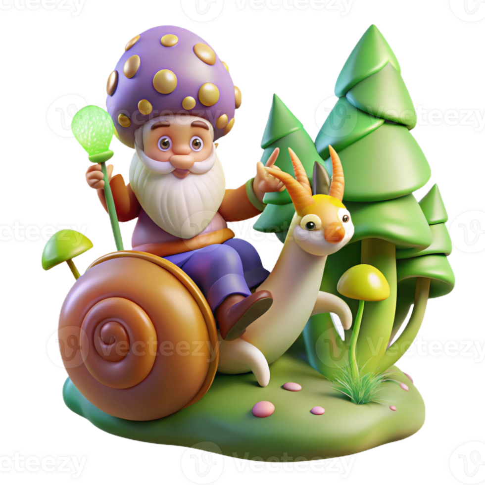 impressive contemporary A whimsical gnome riding a giant snail through a magical forest, the snail's shell illuminated by bioluminescent fungi. Fairy tale, vibrant colors original png