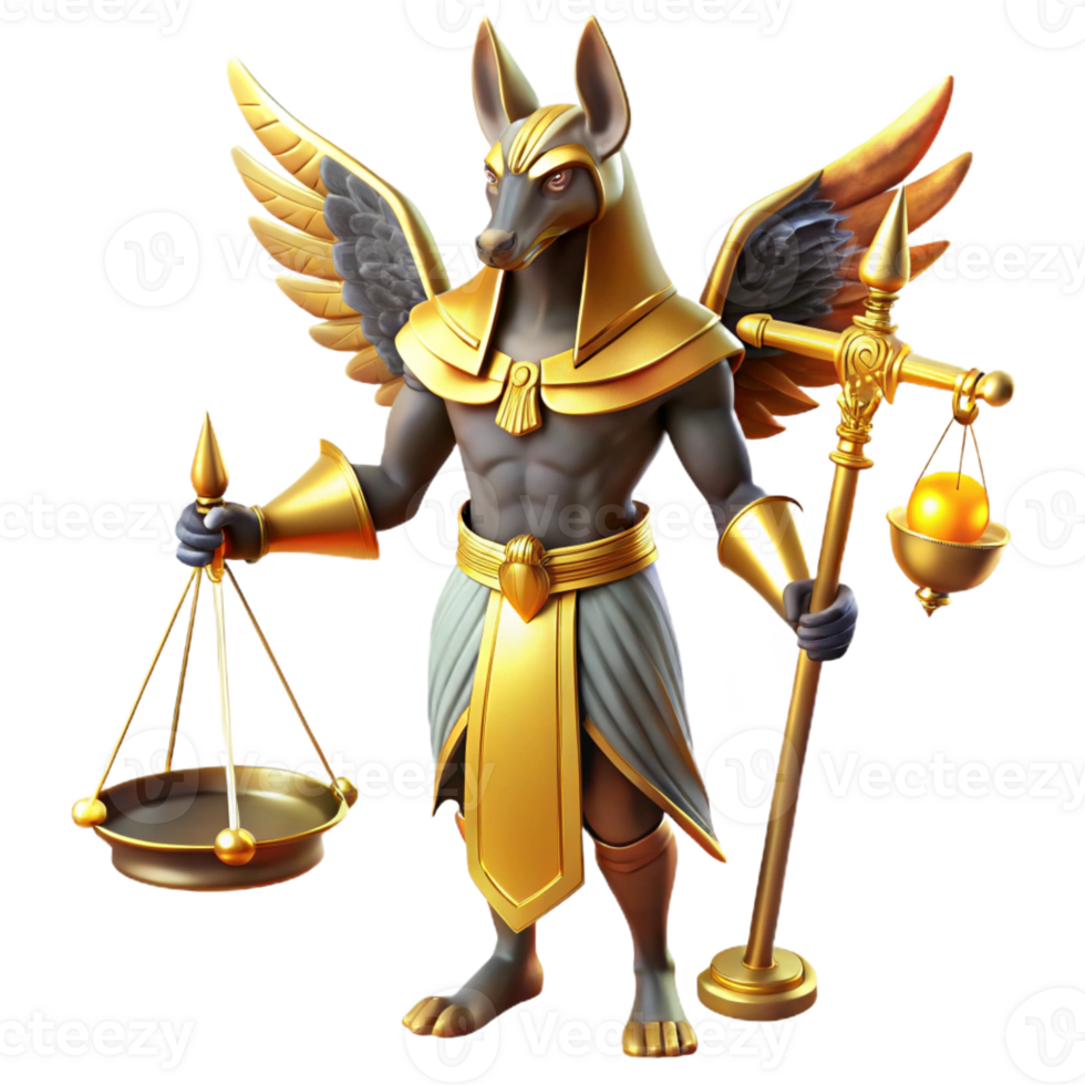 vibrant abstract A powerful, winged Anubis with the head of a jackal and a regal staff, standing before a set of towering golden scales, lit by an ethereal golden light. Egyptian style high quality png