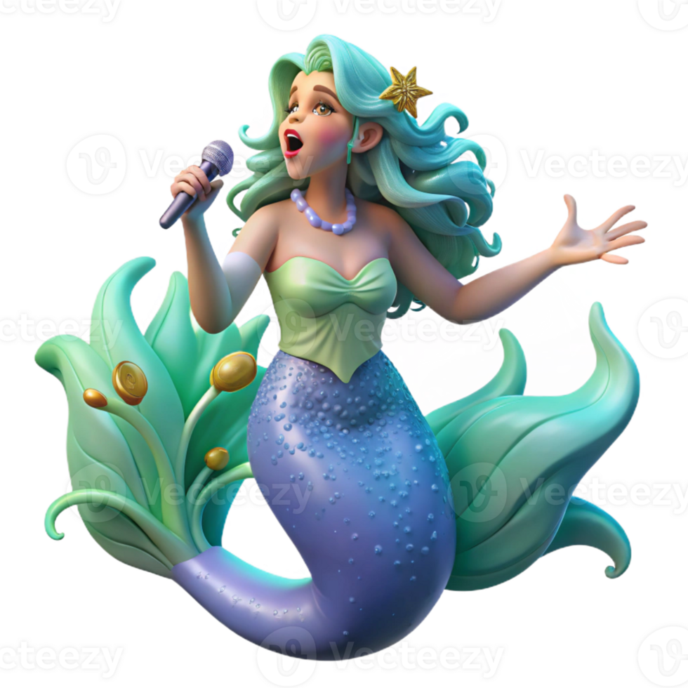 wonderful contemporary A beautiful siren, with shimmering scales and flowing seaweed hair, singing an enchanting melody, surrounded by bioluminescent algae, in an art nouveau style professional png