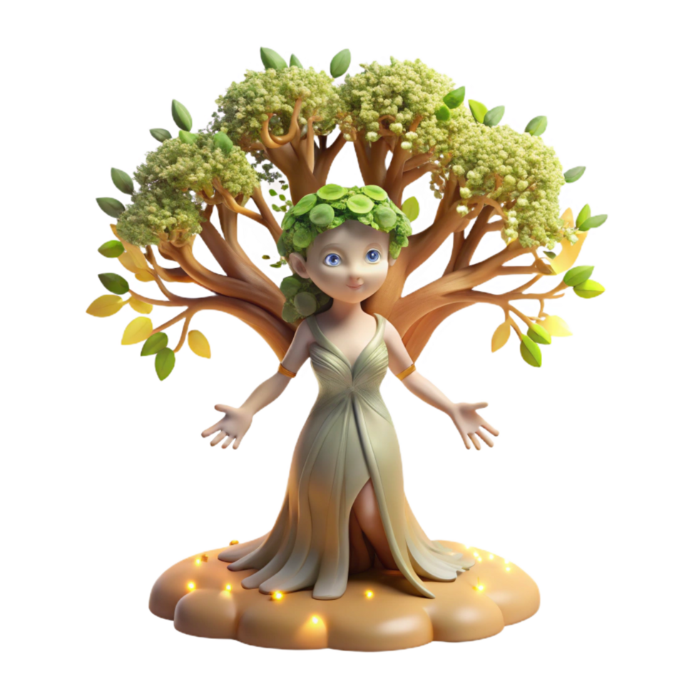 elegant artistic A graceful dryad emerging from an ancient oak tree, dappled sunlight filtering through the leaves, in a soft, dreamlike style professional png