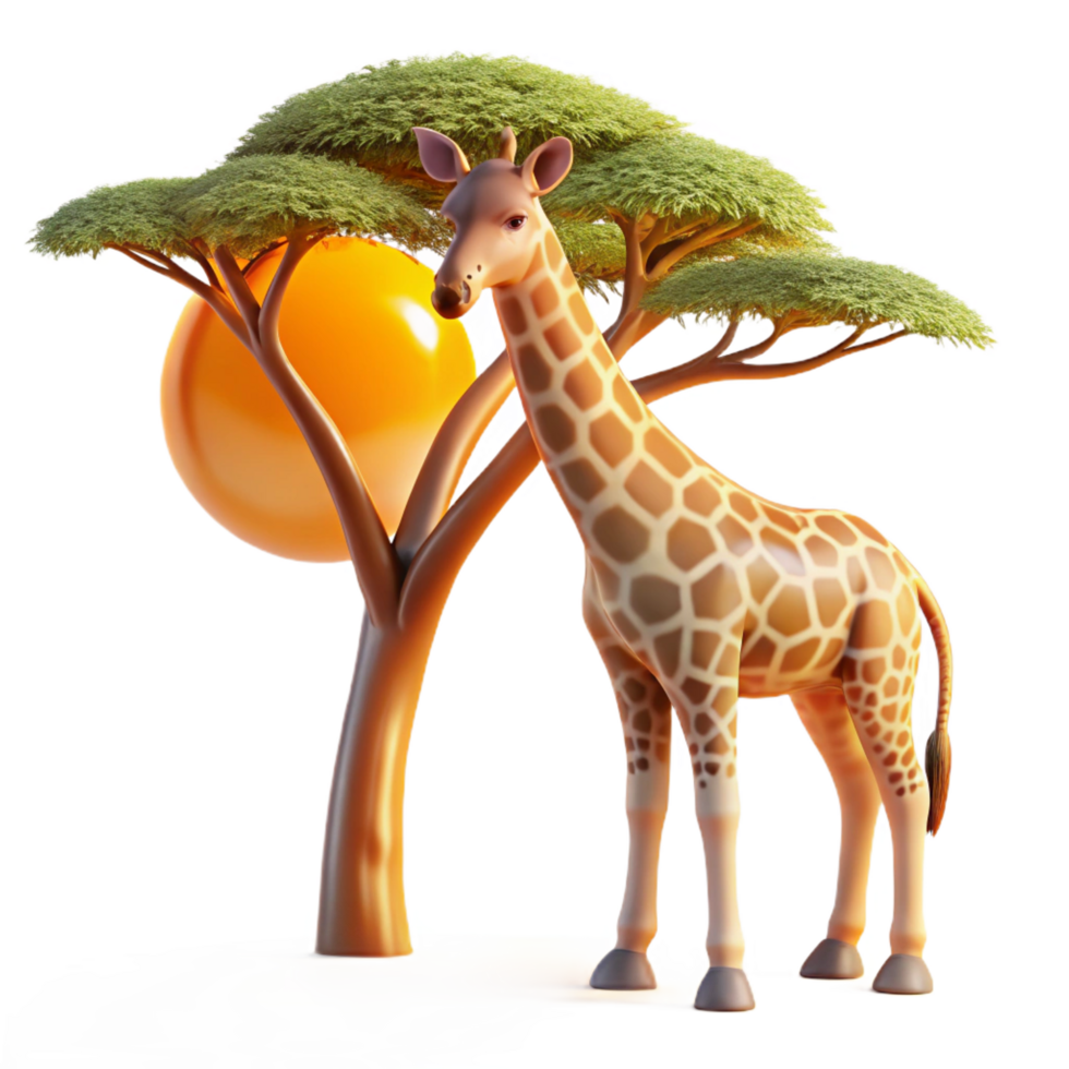 vibrant abstract A graceful giraffe reaching for the leaves of a tall acacia tree, illuminated by the warm African sun, in a naturalistic, illustrative style professional png