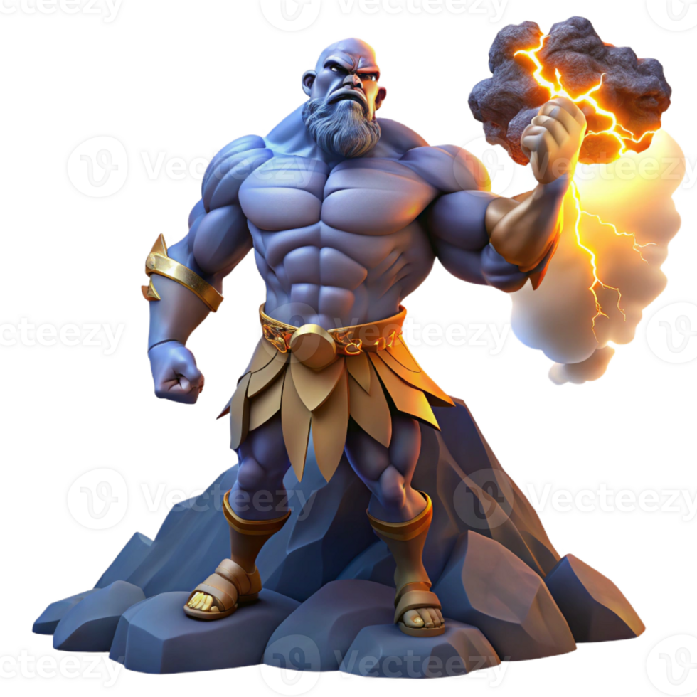 beautiful classic A powerful Titan with towering stature and immense strength, holding aloft a mountain, illuminated by lightning in a epic fantasy art style authentic png