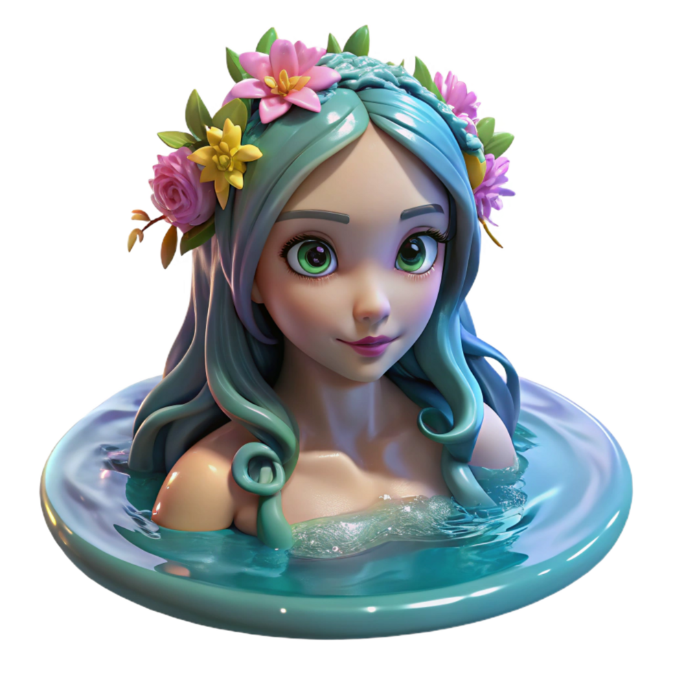 wonderful modern A beautiful, enchanting nymph with flowing hair adorned with flowers, bathing in a crystal-clear pool, lit by dappled sunlight. Impressionist style authentic png