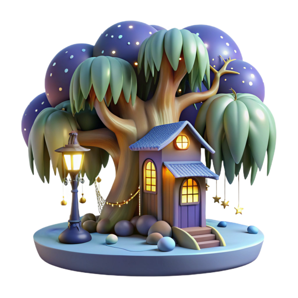 impressive traditional A whimsical treehouse nestled within the branches of a glowing willow tree, adorned with fairy lights, under a starry night sky. Dreamlike style high quality png