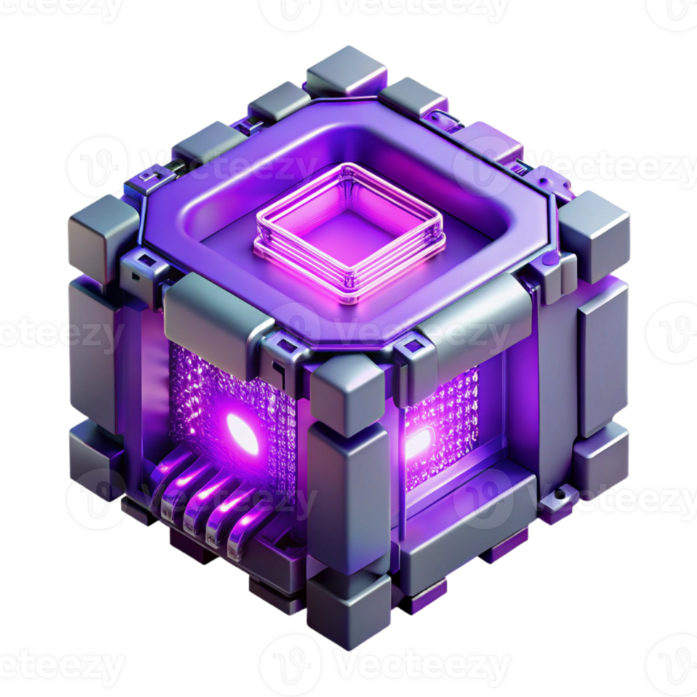 magnificent contemporary A quantum computer core, glowing with an intense purple light, surrounded by complex circuitry, in a science fiction style premium png