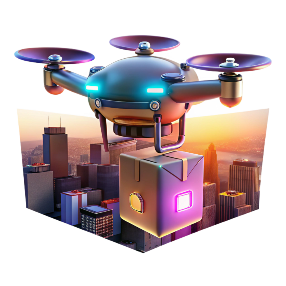 dramatic creative A drone delivering a package with a glowing holographic label, urban setting, dusk lighting exclusive png