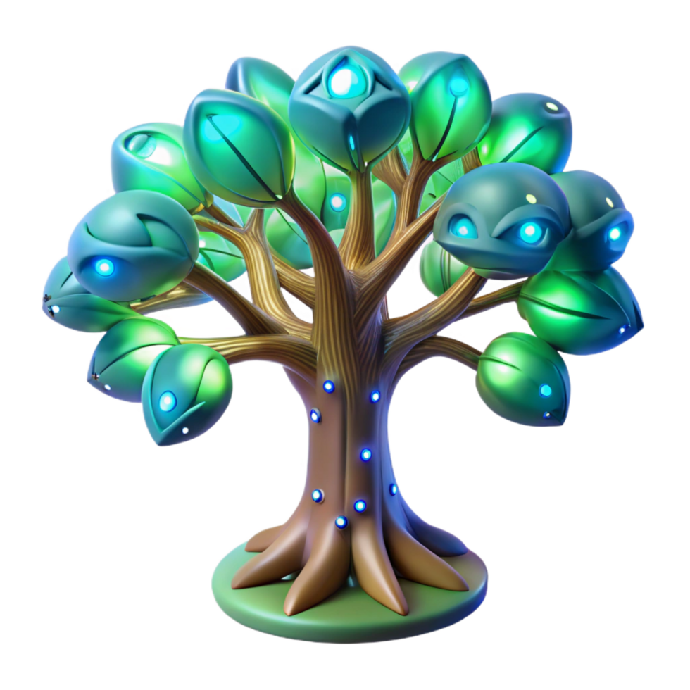 serene creative Bioengineered alien tree with glowing leaves professional png