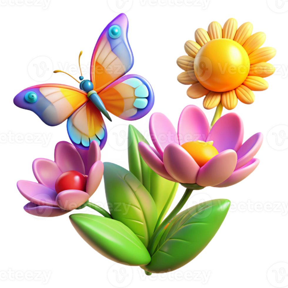 wonderful artistic A group of colorful butterflies fluttering around a blooming flower, illuminated by the bright midday sun, in a vibrant, illustrative style high resolution png