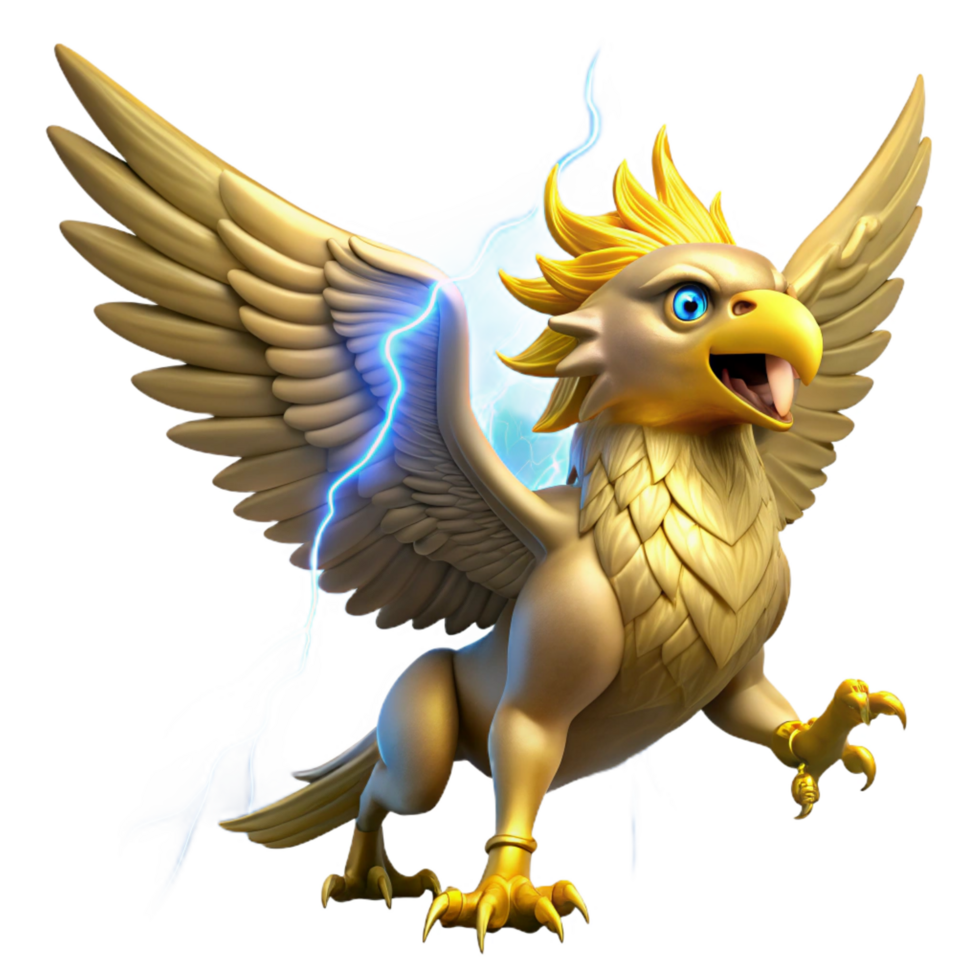 magnificent classic A powerful griffin with golden feathers and piercing blue eyes, soaring through a storm, illuminated by flashes of lightning. Realistic style professional png
