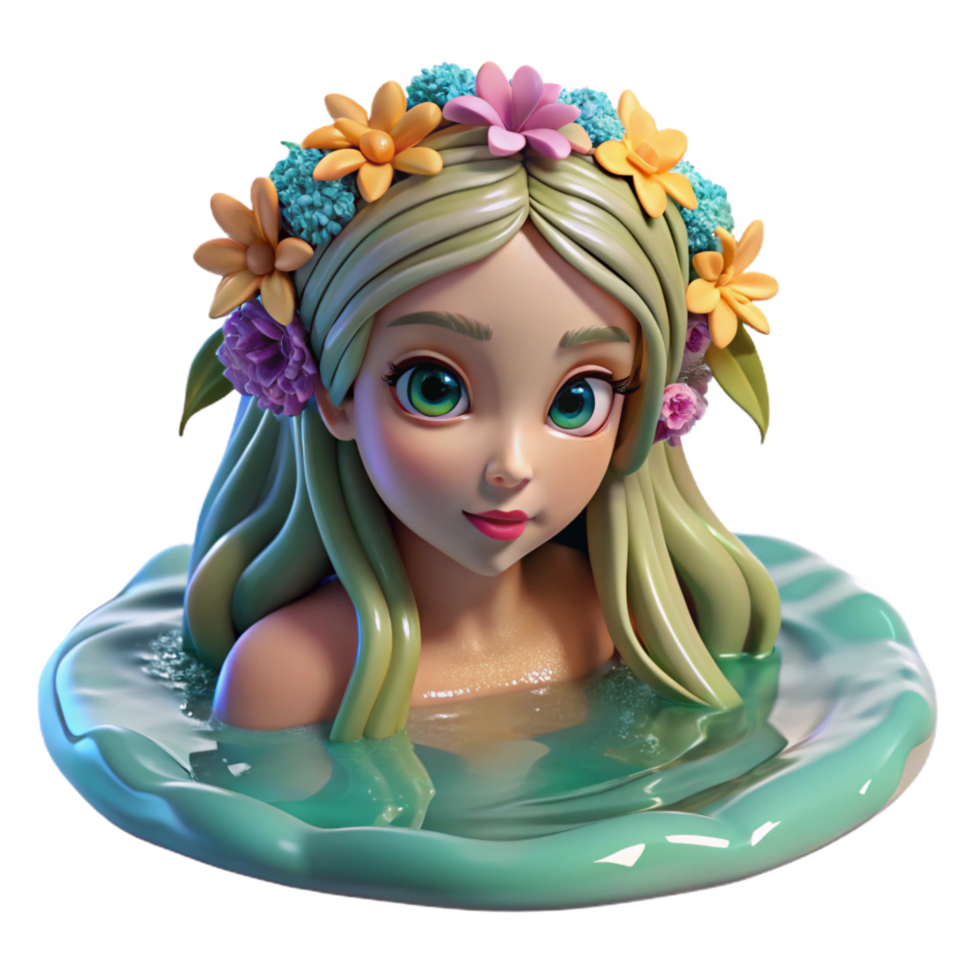 impressive rustic A beautiful, enchanting nymph with flowing hair adorned with flowers, bathing in a crystal-clear pool, lit by dappled sunlight. Impressionist style genuine png